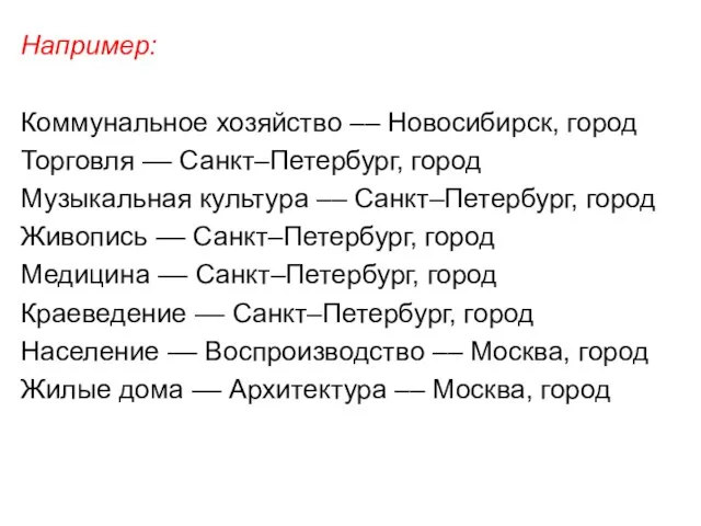 Например: Коммунальное хозяйство –– Новосибирск, город Торговля –– Санкт–Петербург, город Музыкальная культура