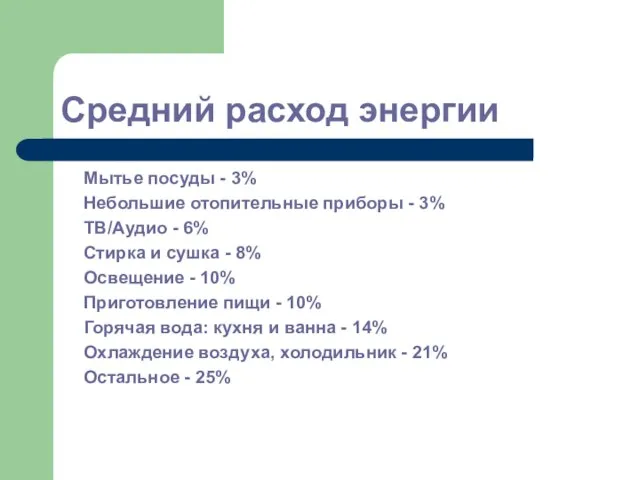 Средний расход энергии Мытье посуды - 3% Небольшие отопительные приборы - 3%