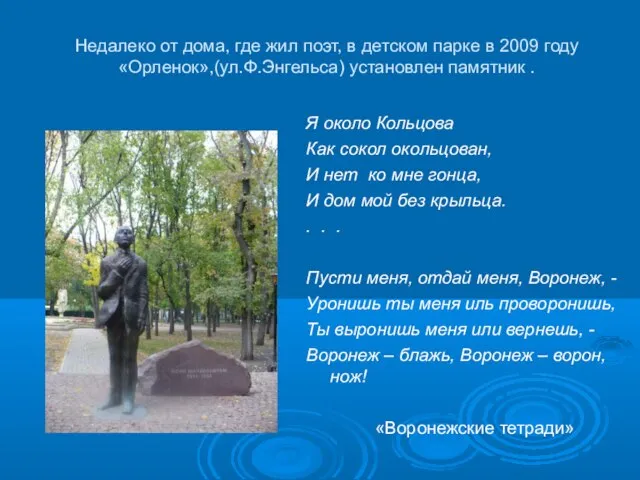 Недалеко от дома, где жил поэт, в детском парке в 2009 году