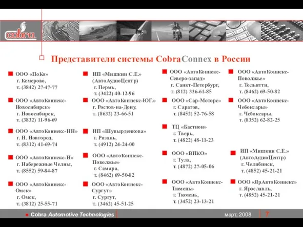 ООО «АвтоКоннекс- Новосибирск» г. Новосибирск, т. (3832) 11-96-69 Представители системы CobraConnex в