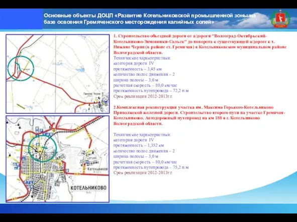 Основные объекты ДОЦП «Развитие Котельниковской промышленной зоны на базе освоения Гремяченского месторождения