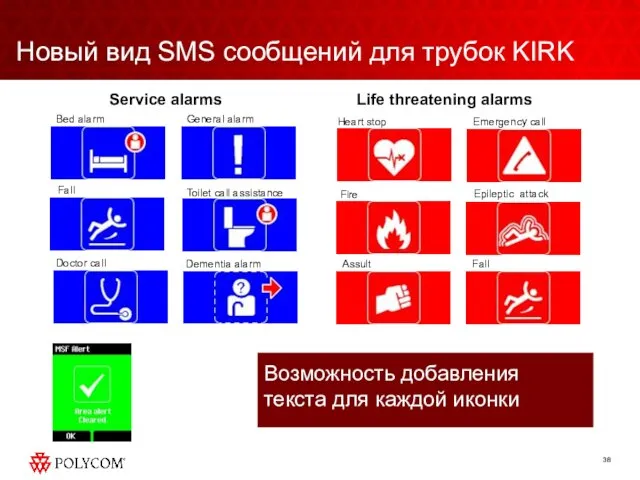 Новый вид SMS сообщений для трубок KIRK Life threatening alarms Service alarms
