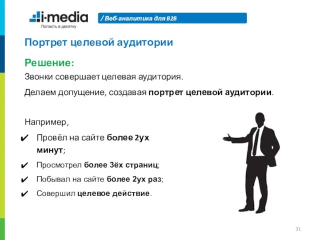 Веб-аналитика для B2B Портрет целевой аудитории Решение: Звонки совершает целевая аудитория. Делаем