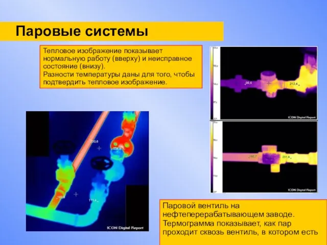 Тепловое изображение показывает нормальную работу (вверху) и неисправное состояние (внизу). Разности температуры