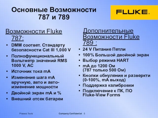 Основные Возможности 787 и 789 Дополнительные Возможности Fluke 789 : 24 V