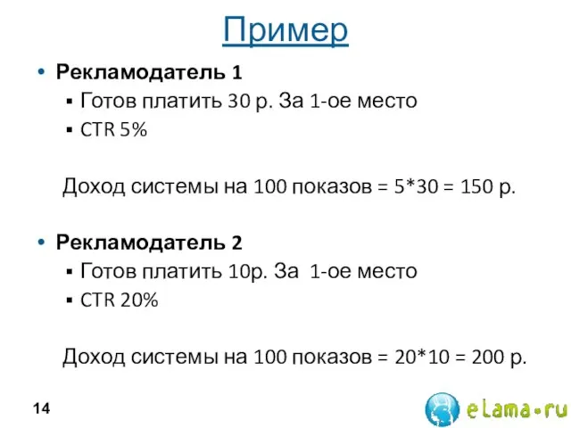 Пример Рекламодатель 1 Готов платить 30 р. За 1-ое место CTR 5%