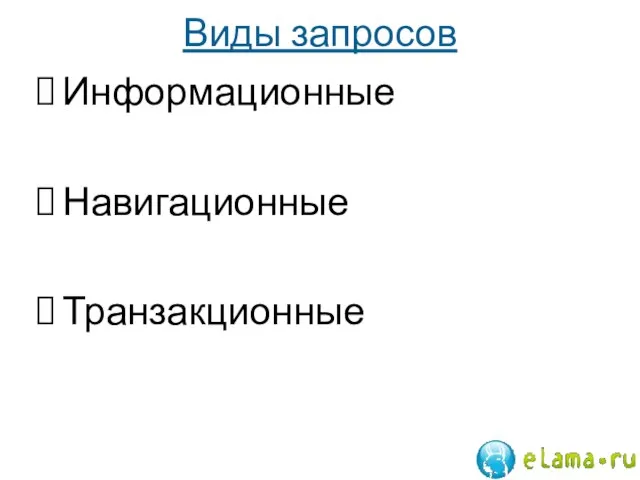 Виды запросов Информационные Навигационные Транзакционные