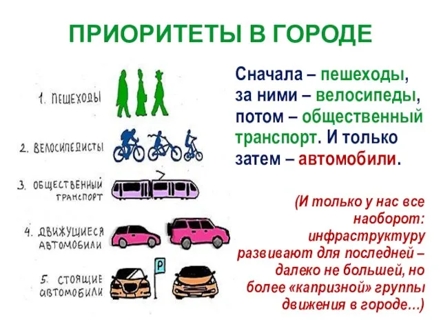 ПРИОРИТЕТЫ В ГОРОДЕ Сначала – пешеходы, за ними – велосипеды, потом –