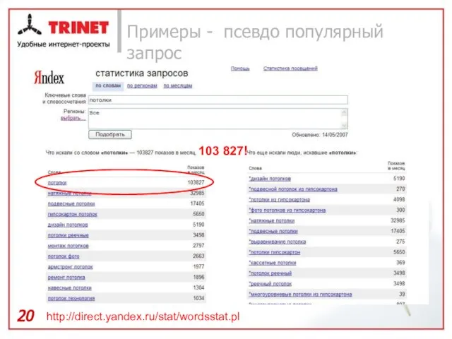 Примеры - псевдо популярный запрос 103 827! http://direct.yandex.ru/stat/wordsstat.pl