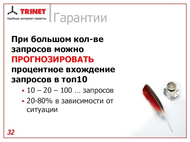 Гарантии При большом кол-ве запросов можно ПРОГНОЗИРОВАТЬ процентное вхождение запросов в топ10