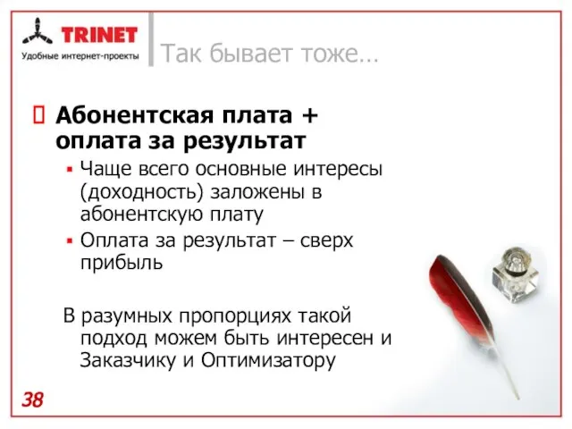 Так бывает тоже… Абонентская плата + оплата за результат Чаще всего основные