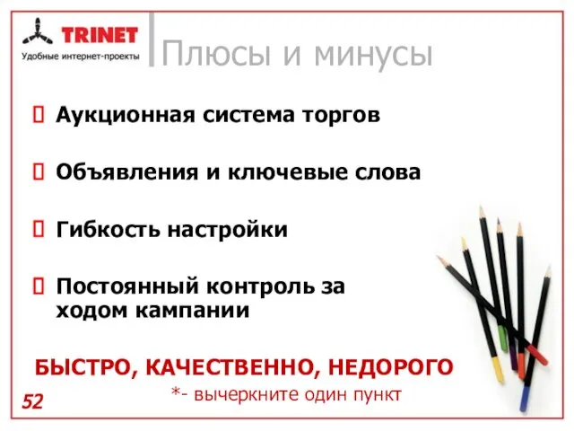 Плюсы и минусы Аукционная система торгов Объявления и ключевые слова Гибкость настройки