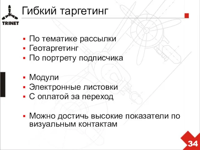 Гибкий таргетинг По тематике рассылки Геотаргетинг По портрету подписчика Модули Электронные листовки