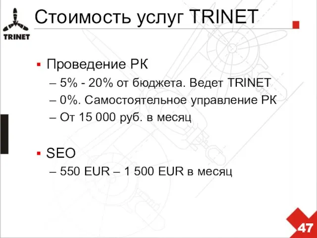 Стоимость услуг TRINET Проведение РК 5% - 20% от бюджета. Ведет TRINET