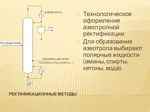 РЕКТИФИКАЦИОННЫЕ МЕТОДЫ Технологическое оформление азеотропной ректификации Для образования азеотропа выбирают полярные жидкости (амины, спирты, кетоны, вода).