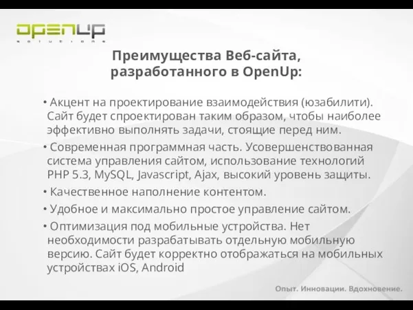 Преимущества Веб-сайта, разработанного в OpenUp: Акцент на проектирование взаимодействия (юзабилити). Сайт будет