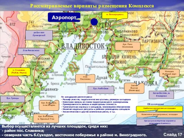 Рассматриваемые варианты размещения Комплекса Слайд Выбор осуществляется из лучших площадок, среди них: