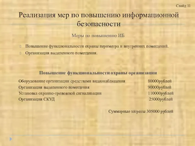 Меры по повышению ИБ Повышение функциональности охраны периметра и внутренних помещений. Организация