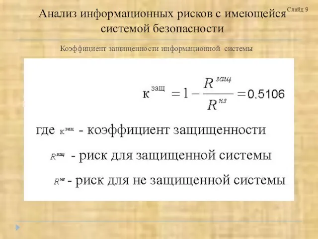 Коэффициент защищенности информационной системы Слайд 9 Анализ информационных рисков с имеющейся системой безопасности