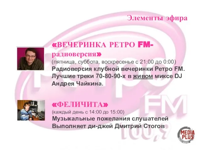 «ВЕЧЕРИНКА РЕТРО FM-радиоверсия» (пятница, суббота, воскресенье с 21:00 до 0:00) Радиоверсия клубной