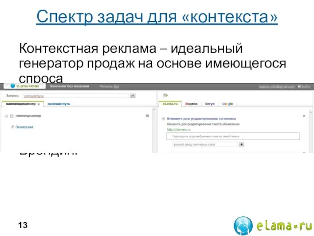 Спектр задач для «контекста» Контекстная реклама – идеальный генератор продаж на основе