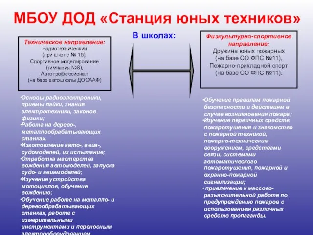 МБОУ ДОД «Станция юных техников» В школах: Обучение правилам пожарной безопасности и