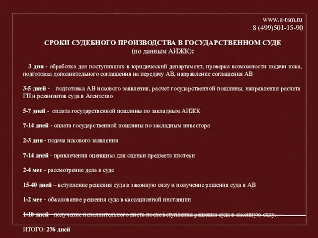 СРОКИ СУДЕБНОГО ПРОИЗВОДСТВА В ГОСУДАРСТВЕННОМ СУДЕ (по данным АИЖК): 3 дня -