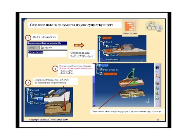 Создание нового документа из уже существующего Файл→Новый из Сохранить как: Pad2.CATProduct Рабочая