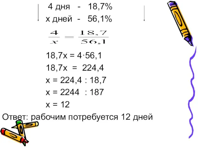 4 дня - 18,7% х дней - 56,1% 18,7х = 4·56,1 18,7х