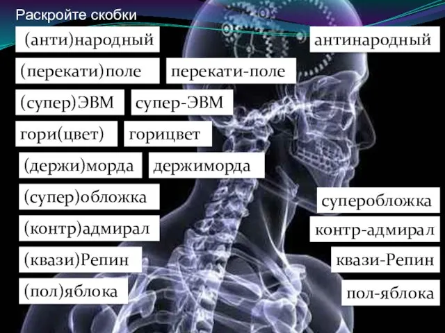 Раскройте скобки (анти)народный антинародный (перекати)поле перекати-поле (супер)ЭВМ супер-ЭВМ гори(цвет) горицвет (держи)морда держиморда