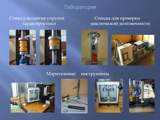 Лаборатория Стенд для снятия упругой характеристики Стенды для проверки циклической долговечности Мерительные инструменты