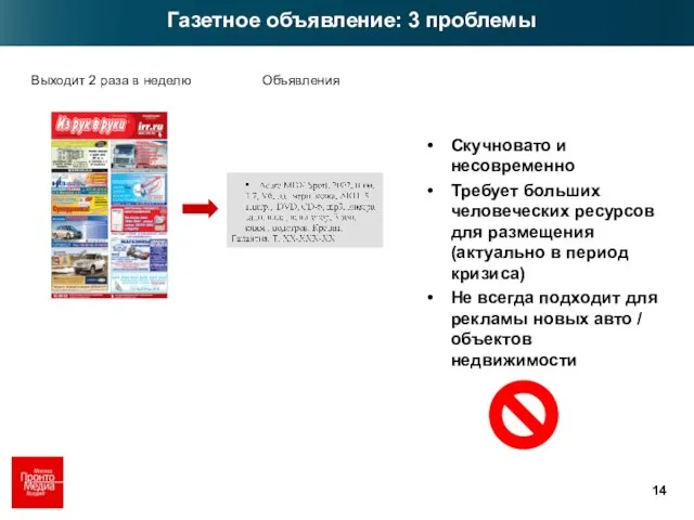 Газетное объявление: 3 проблемы Скучновато и несовременно Требует больших человеческих ресурсов для