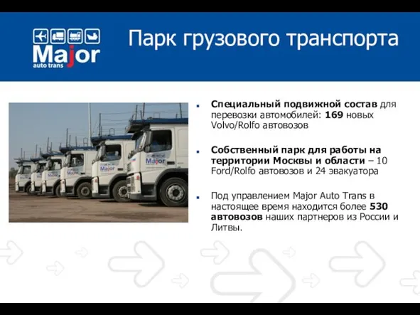 Парк грузового транспорта Специальный подвижной состав для перевозки автомобилей: 169 новых Volvo/Rolfo