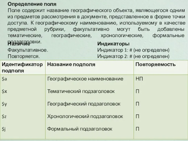 Наличие Факультативное. Повторяется. Определение поля Поле содержит название географического объекта, являющегося одним