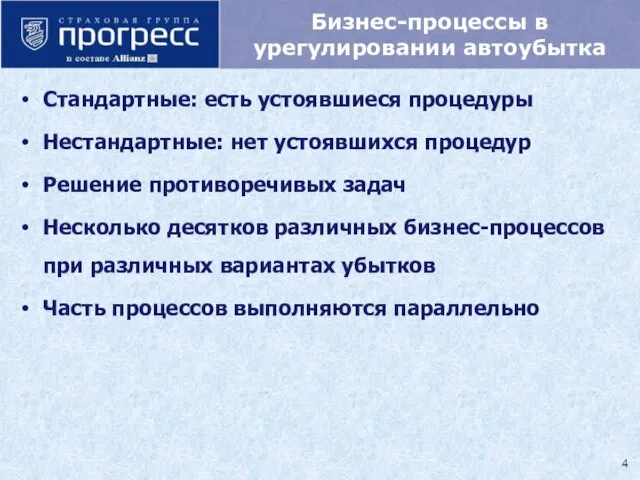 Бизнес-процессы в урегулировании автоубытка Стандартные: есть устоявшиеся процедуры Нестандартные: нет устоявшихся процедур