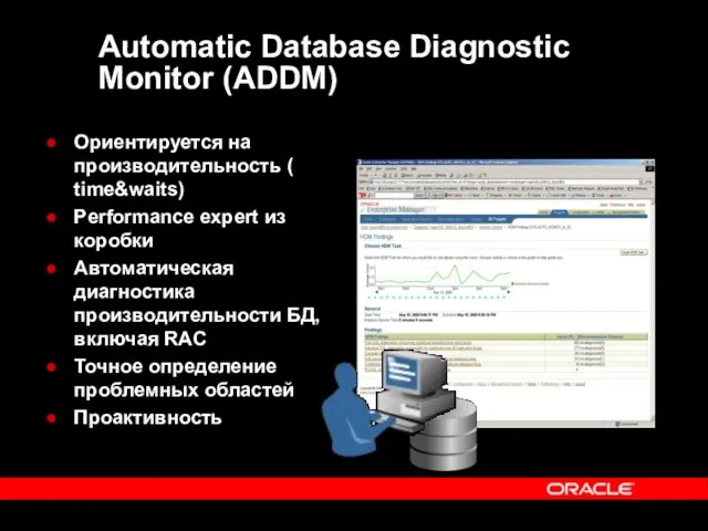 Automatic Database Diagnostic Monitor (ADDM) Ориентируется на производительность ( time&waits) Performance expert