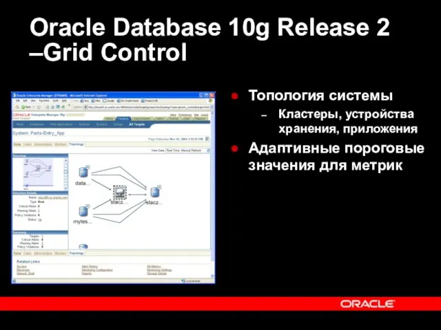 Oracle Database 10g Release 2 –Grid Control Топология системы Кластеры, устройства хранения,