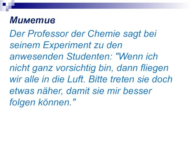 Миметив Der Professor der Chemie sagt bei seinem Experiment zu den anwesenden