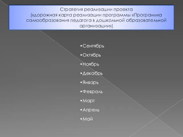 Стратегия реализации проекта («дорожная карта реализации программы «Программа самообразования педагога в дошкольной