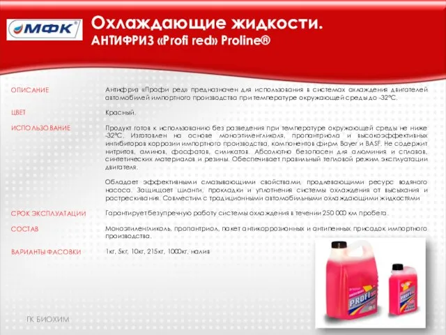 Охлаждающие жидкости. АНТИФРИЗ «Profi red» Proline® Антифриз «Профи ред» предназначен для использования