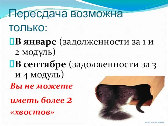 Пересдача возможна только: В январе (задолженности за 1 и 2 модуль) В