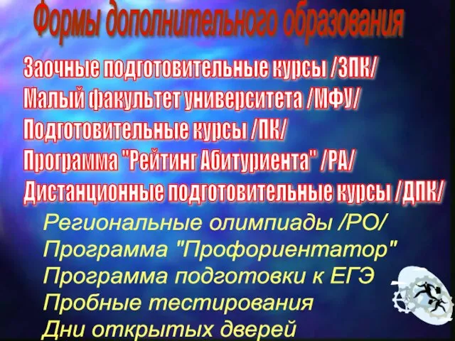 Формы дополнительного образования Заочные подготовительные курсы /ЗПК/ Малый факультет университета /МФУ/ Подготовительные