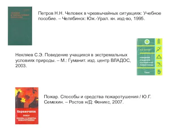 Петров Н.Н. Человек в чрезвычайных ситуациях: Учебное пособие. – Челябинск: Юж.-Урал. кн.