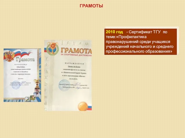 ГРАМОТЫ 2010 год - Сертификат ТГУ по теме:«Профилактика правонарушений среди учащихся учреждений