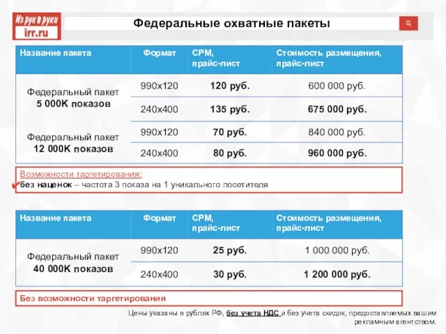 Федеральные охватные пакеты Цены указаны в рублях РФ, без учета НДС и