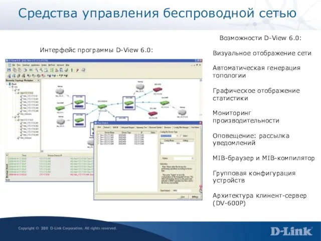 Средства управления беспроводной сетью Возможности D-View 6.0: Визуальное отображение сети Автоматическая генерация