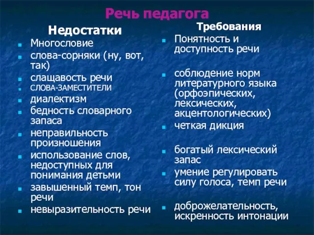 Речь педагога Недостатки Многословие слова-сорняки (ну, вот, так) слащавость речи СЛОВА-ЗАМЕСТИТЕЛИ диалектизм