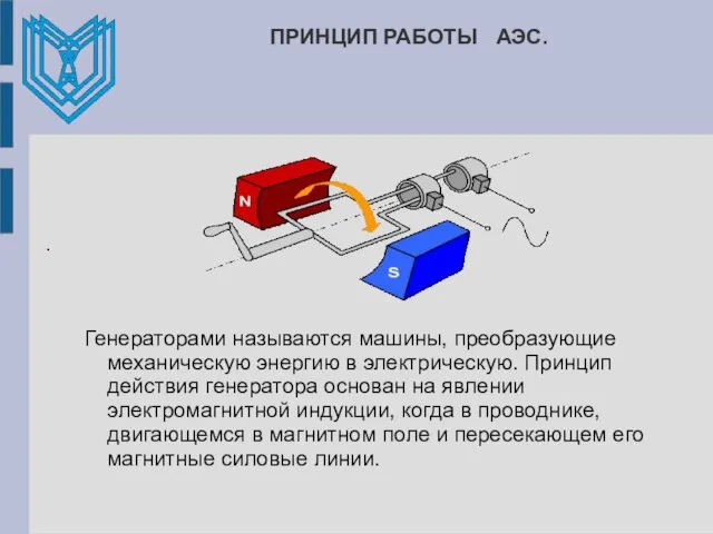 ПРИНЦИП РАБОТЫ АЭС. Генераторами называются машины, преобразующие механическую энергию в электрическую. Принцип