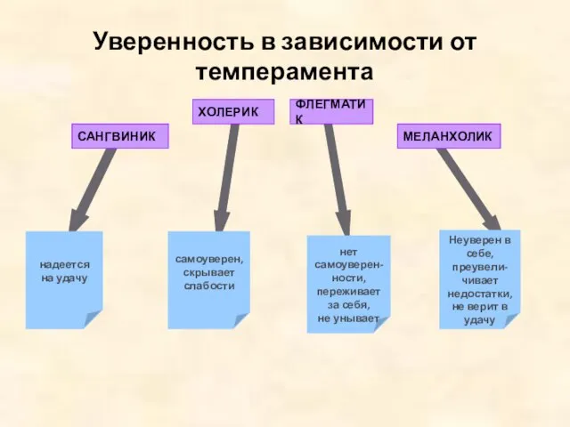 Уверенность в зависимости от темперамента САНГВИНИК ХОЛЕРИК ФЛЕГМАТИК МЕЛАНХОЛИК надеется на удачу