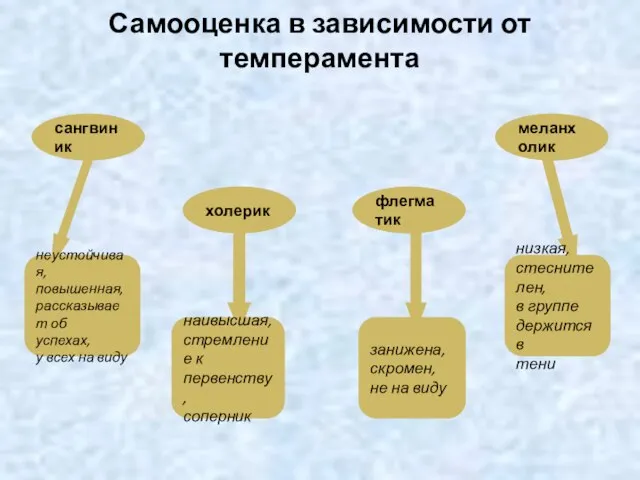 Самооценка в зависимости от темперамента неустойчивая, повышенная, рассказывает об успехах, у всех